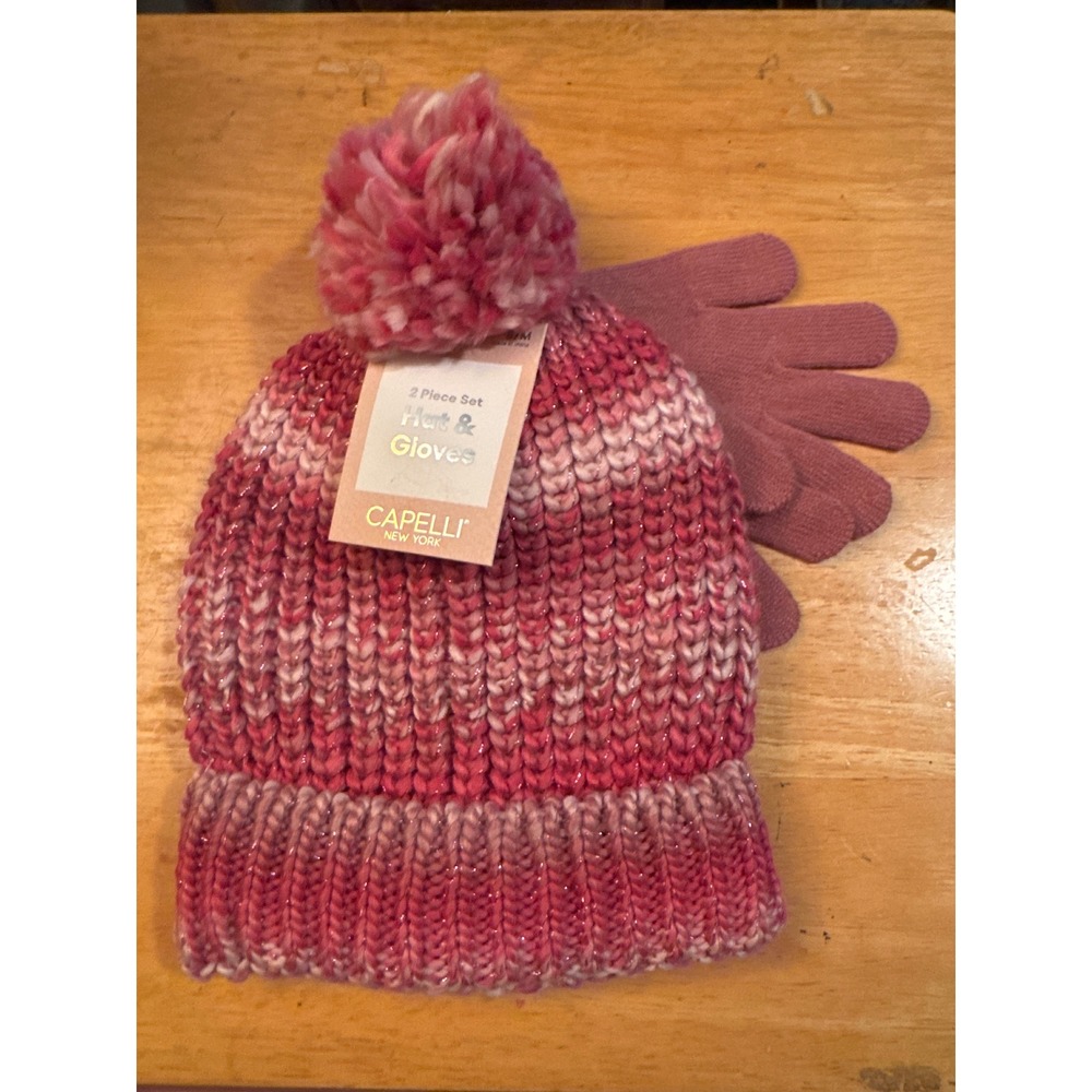 Capelli 2 Pc Hat & Glove Set Fuchsia Pink Sparkle Warm Winter Youth S/M NWT